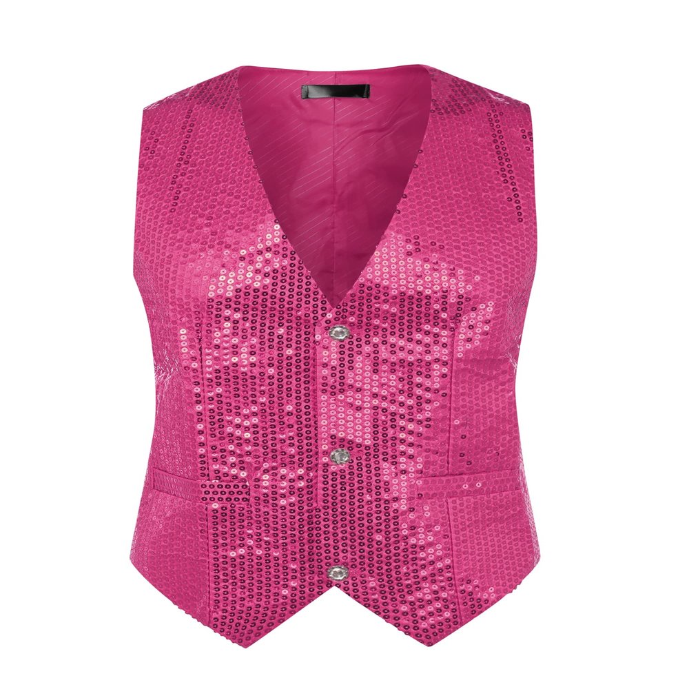 Lars Amadeus Christmas Shiny Rose Red Sequin Vest for Men's V-Neck Party Sleeveless Suit Waistcoat Large