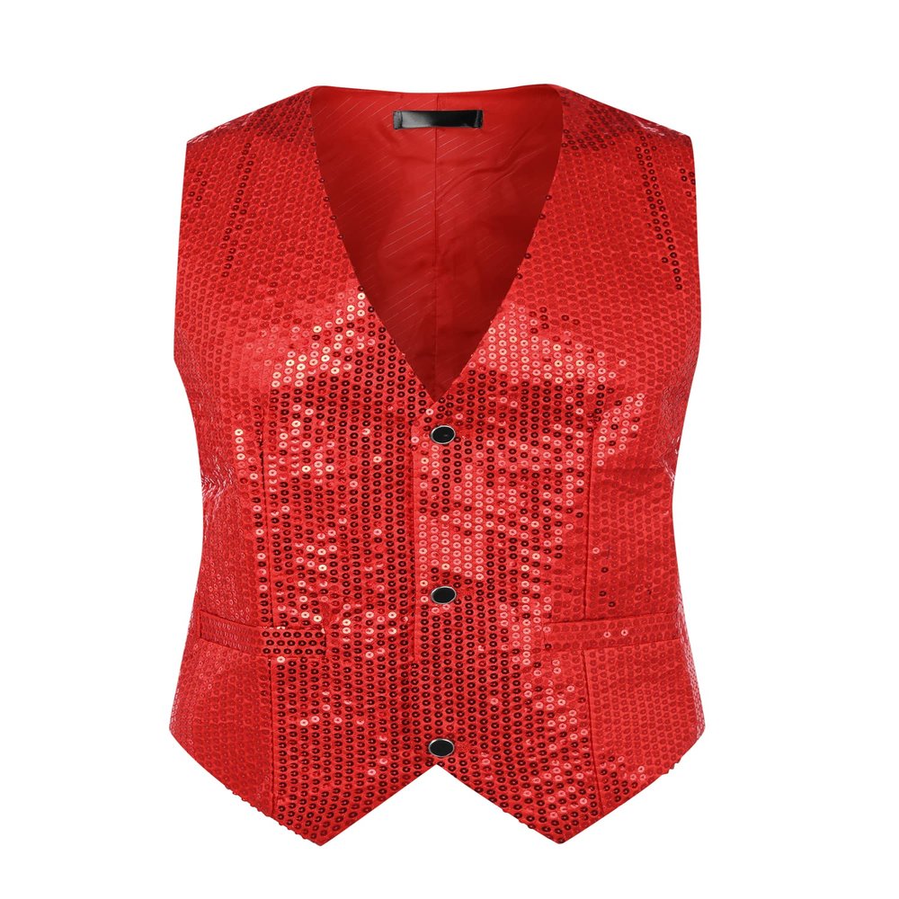 Lars Amadeus Shiny Red Sequin Vest for Men's V-Neck Party Sleeveless Suit Waistcoat Small