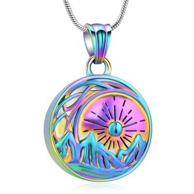 QGJNSGC Sun Moon and Mountain Pendant Urn Necklace for Ashes Cremation Jewelry for Ashes Keepsake Memorial Funeral Gifts (Colourful)