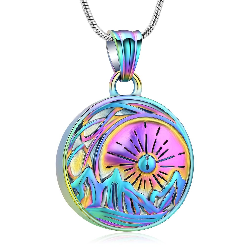 QGJNSGC Sun Moon and Mountain Pendant Urn Necklace for Ashes Cremation Jewelry for Ashes Keepsake Memorial Funeral Gifts (Colourful)