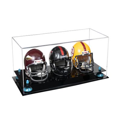 Better Display Cases Acrylic Three Mini - Miniature Football Helmet (not Full Size) Display Case with Clear Case, Light Blue Risers and Black Base 19.25" x 8.25" x 8" (V47/A103)