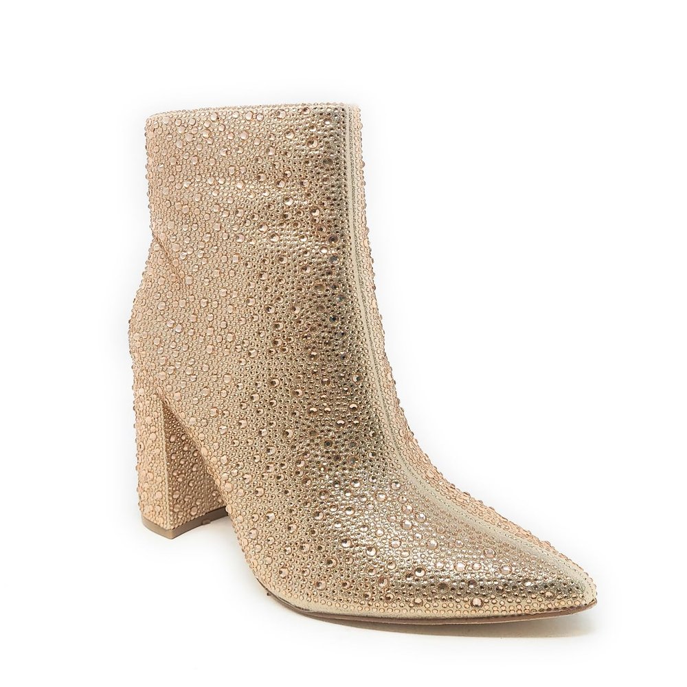PAZZLE Women's Rhinestone Block Heel Mid Calf Ankle Booties Short Knee High Boots Runway-01 Rosegold 8