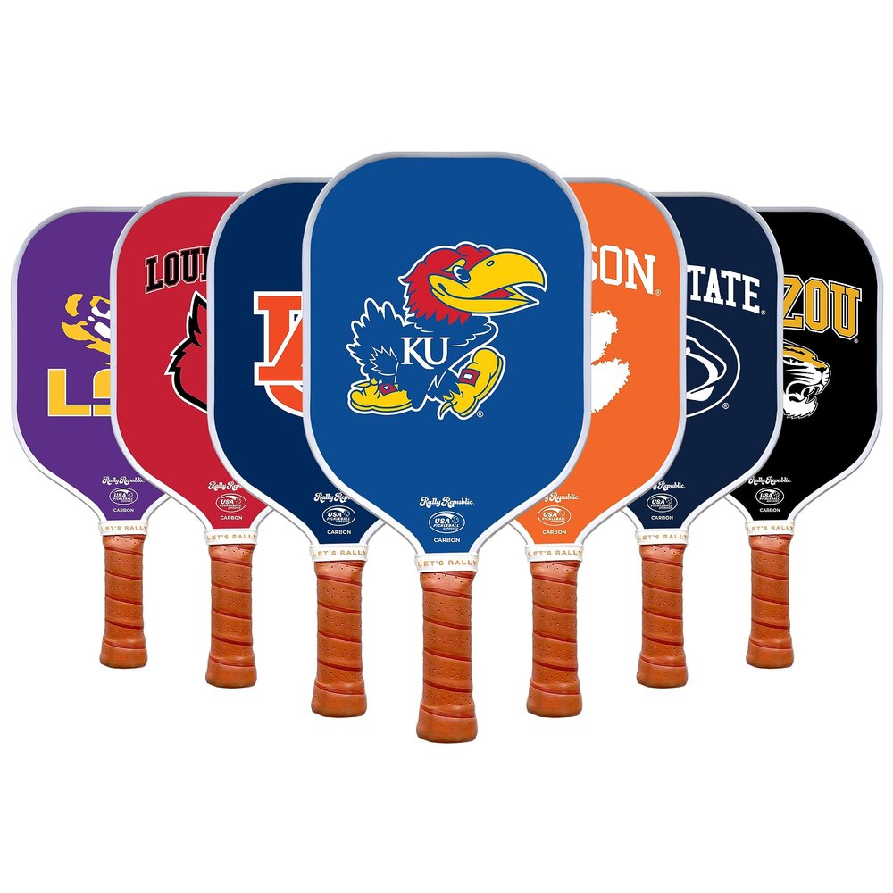 Rally Republic Officially Licensed Collegiate Pickleball Paddle - USA Pickleball Association Approved Racket - Lightweight Honeycomb Core, Carbon Fiber Exterior, Premium Leather Grip for Comfort
