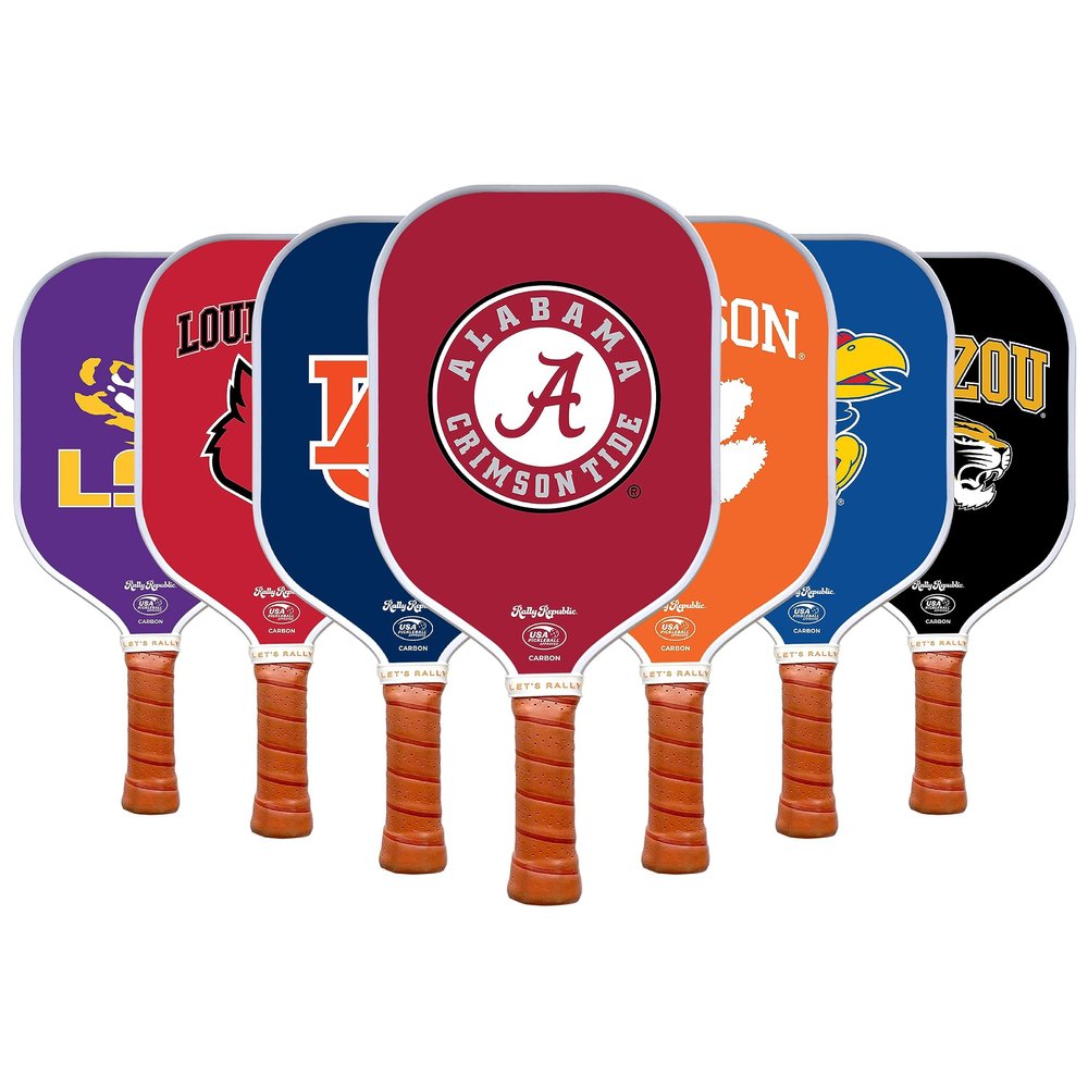 Rally Republic Officially Licensed Collegiate Pickleball Paddle - USA Pickleball Association Approved Racket - Lightweight Honeycomb Core, Carbon Fiber Exterior, Premium Leather Grip for Comfort
