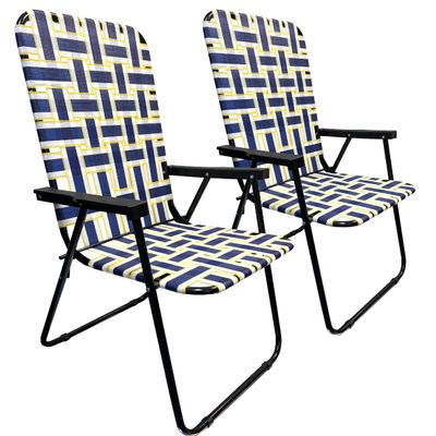 Lawn Chair Folding Steel Webbing Chaise Patio Lounger Seat Wood Handles Great for Camping, Beach, Fishing, Backyard, Stadium, Pool, Boating, and Sports 2 Pack Blue/Yellow