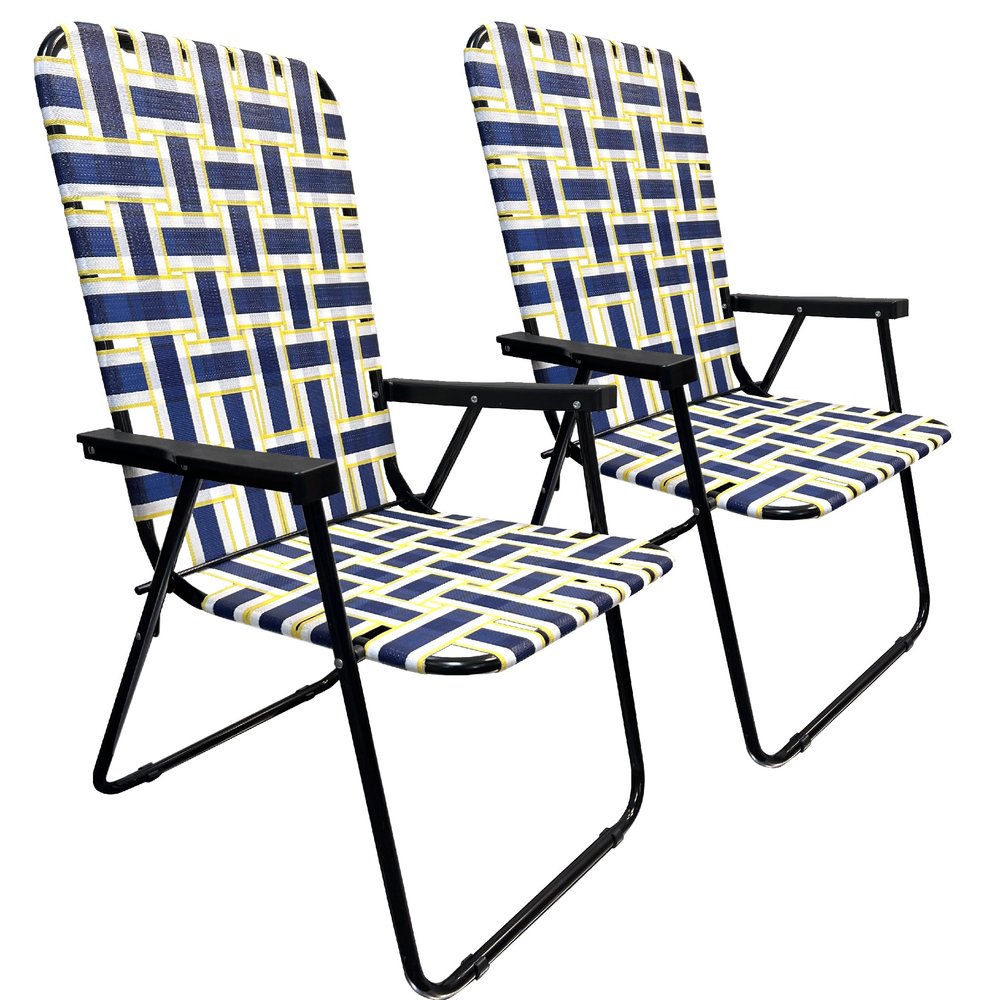 Lawn Chair Folding Steel Webbing Chaise Patio Lounger Seat Wood Handles Great for Camping, Beach, Fishing, Backyard, Stadium, Pool, Boating, and Sports 2 Pack Blue/Yellow