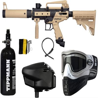 PaintballBodyBags Tippmann Black and Tan Cronus Tactical Paintball Gun Marker with Grey Empire Halo Too Electronic Loader and E-Flex Thermal Mask