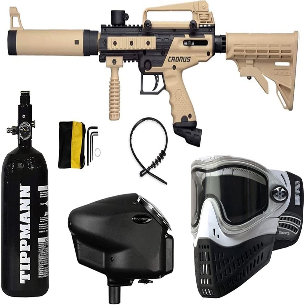 PaintballBodyBags Tippmann Black and Tan Cronus Tactical Paintball Gun Marker with Grey Empire Halo Too Electronic Loader and E-Flex Thermal Mask