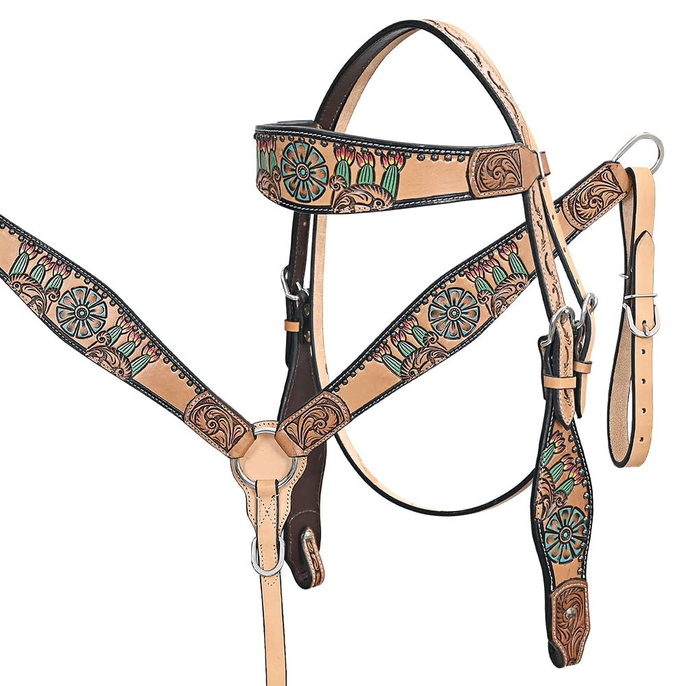 HILASON Western Horse Floral Headstall Breast Collar Set American Leather Tan | Tack for Horses