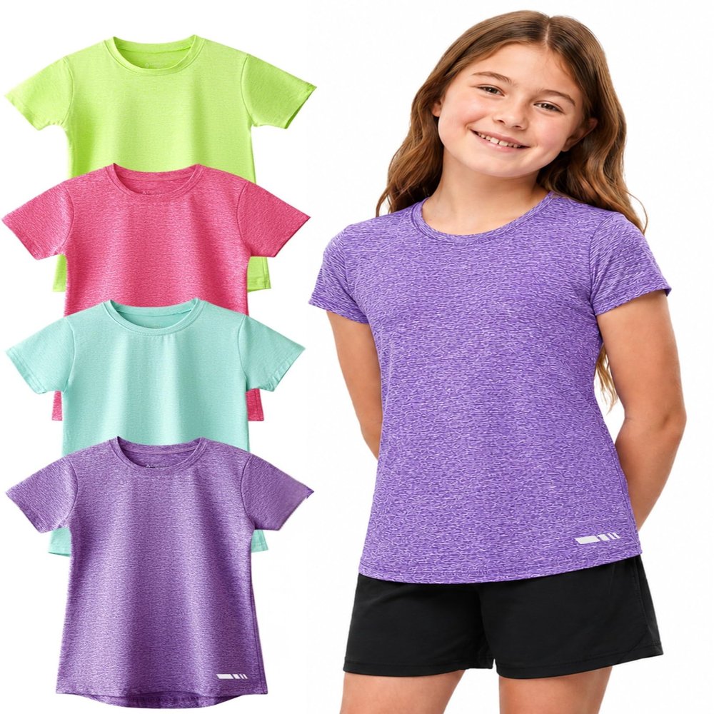 Girls 4 Pack Athletic T-Shirts, Short Sleeve Dry Fit Performance Workout Tops, Active Tees for Kids & Teens (Set 3, Youth X-Large)