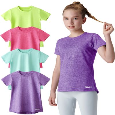 4 Pack: Youth Girls Athletic Shirts, Short Sleeve Dry Fit Apparel Tech Tshirts, Sports Activewear for Kids Teens (Set 3, Youth Large)