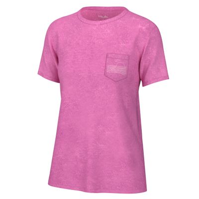 HUK Womens Short Sleeve Mineral Wash Pocket Tee, Fishing T-Shirt for Women, Neon Coral, X-Small