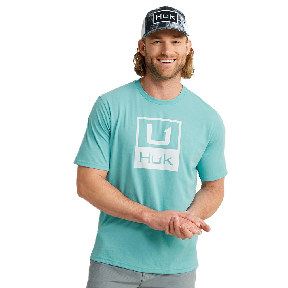 HUK Mens Short Sleeve Performance Tee, Fishing T-Shirt for Men, HUK Stacked Logo - Marine Blue, XX-Large