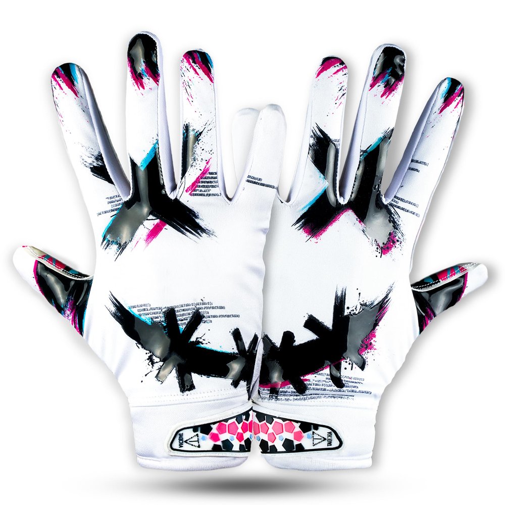 TAQCHA Jester Cross Eyes Football Gloves - Elite Trendy Wide Receiver Gloves  Extra Sticky Grip for Game Day, Training, High School and College - Adult and Youth Sizes (White, Adult - Small)