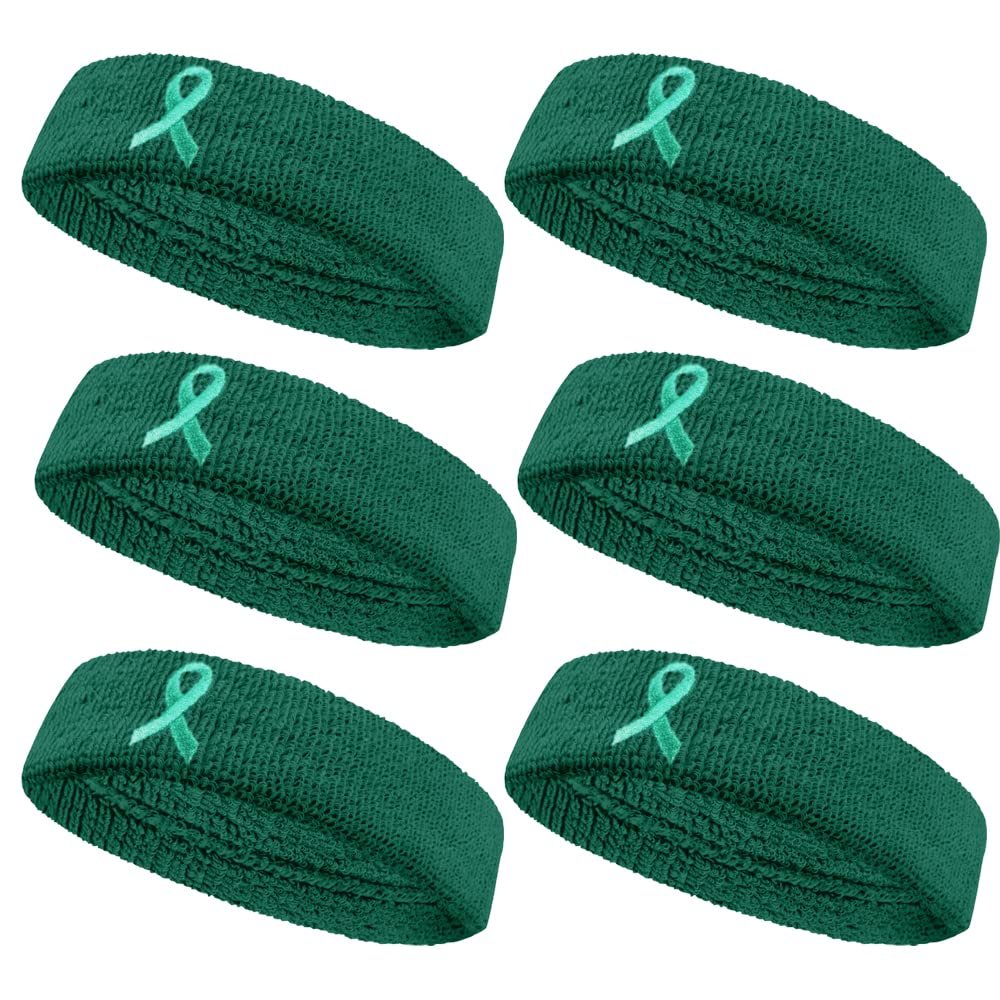 COUVER Sweatbands Sports Headband Moisture Wicking Athletic Cotton Terry Cloth Sweatband for Tennis, Basketball, Running, Gym, Working Out for Men & Women Multi-Packs - Teal w/Ribbon, 6 Pieces