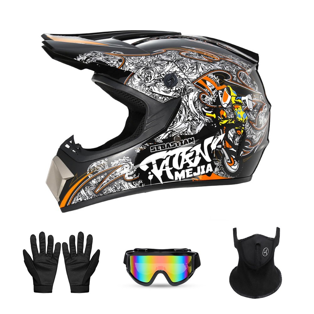 Youth Motocross Helmet, FMVSS 218 Certified Full-Face Motorcycle Helmet for Dirt Bike & ATV, Lightweight and Comfortable, 4-Piece Set (Small, White Magic)