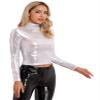 Lorilida Women's Liquid Metallic Rave Dance Mock Neck Long Sleeve Crop Top Shiny Tank Top T-Shirt Silver Small view 2