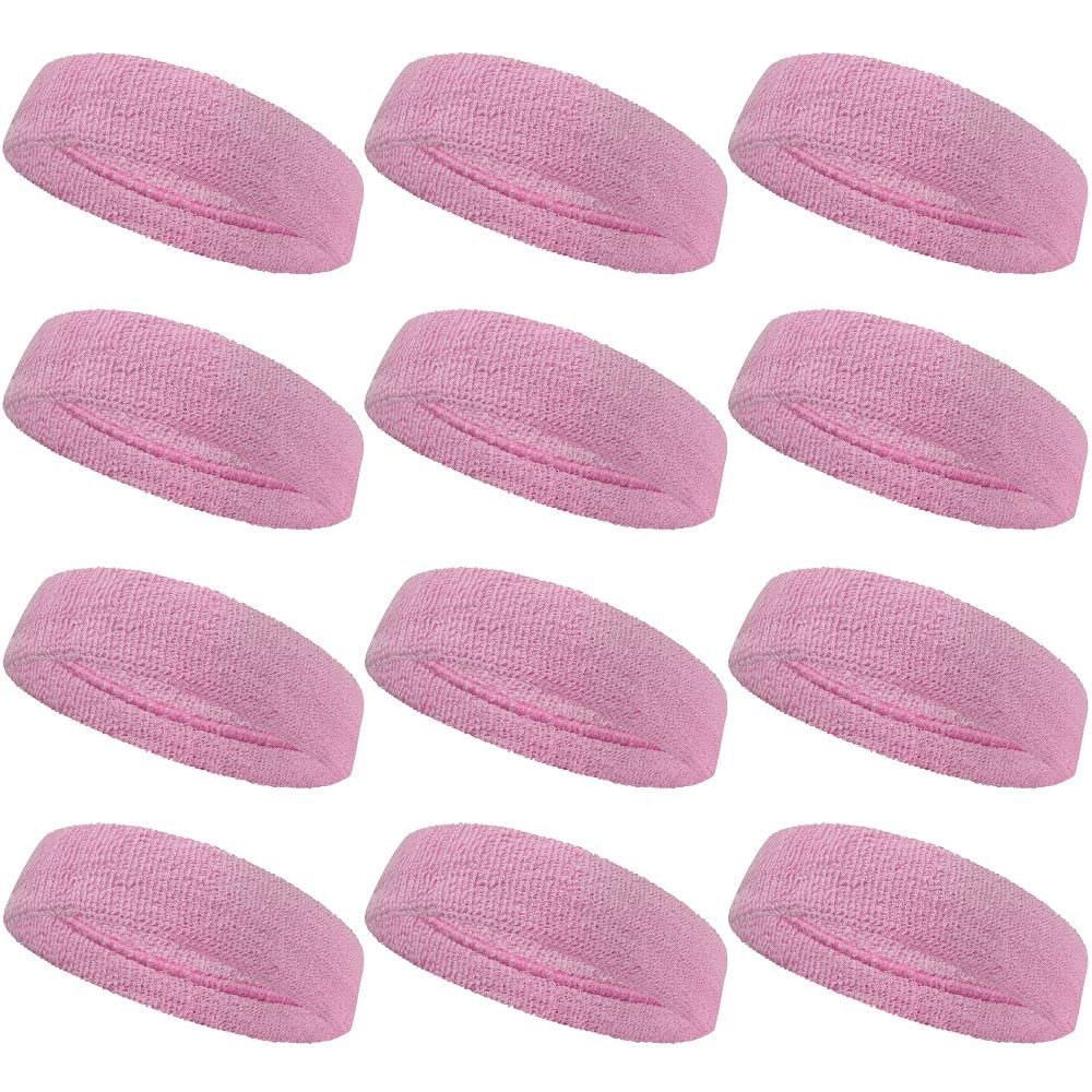COUVER Sweatbands Sports Headband Moisture Wicking Athletic Cotton Terry Cloth Sweatband for Tennis, Basketball, Running, Gym, Working Out for Men & Women Multi-Packs - Light Pink, 12 Pieces
