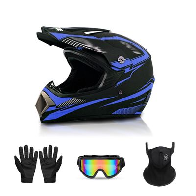 Youth Motocross Helmet, DOT Certified Full-Face Motorcycle Helmet for Dirt Bike & ATV, Lightweight and Comfortable, 4-Piece Set (Medium, Blue Arrow)