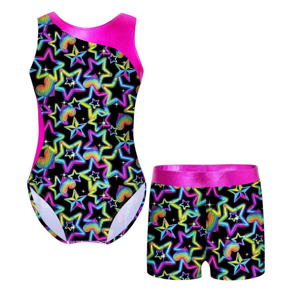 Moily Kids Girls 2 Piece Athletic Outfit Gymnastics Dance Leotard with Booty Shorts Tracksuit Swimwear Pentagram Black 12-14