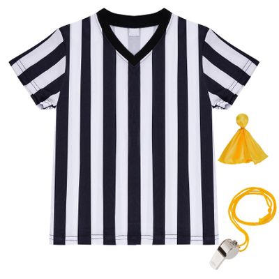 obmwang Kids Referee Shirt Costume, Black and White Stripe V Neck Referee Shirt, Yellow Penalty Flag and Stainless Steel Whistle for Soccer Basketball Football