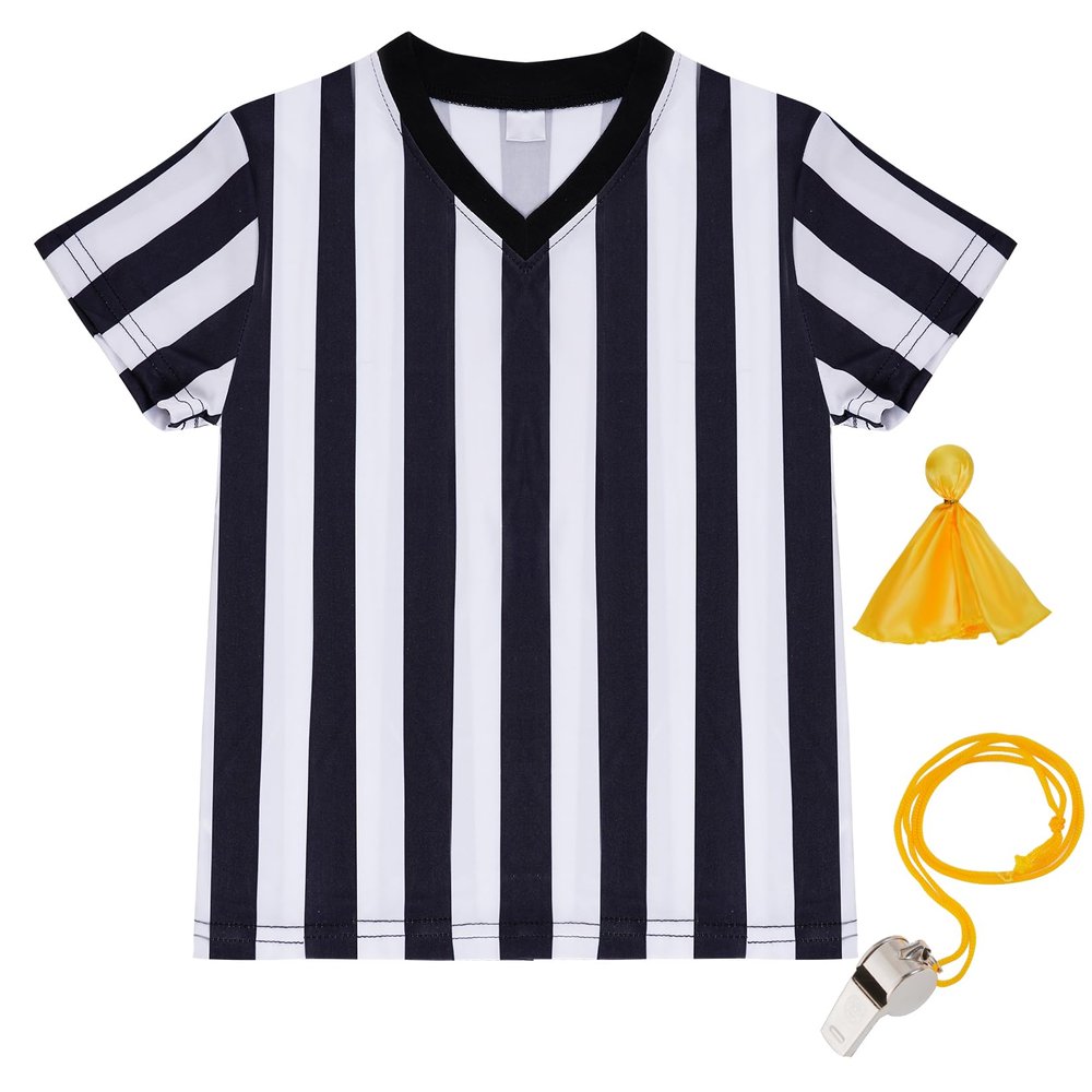 obmwang Kids Referee Shirt Costume, Black and White Stripe V Neck Referee Shirt, Yellow Penalty Flag and Stainless Steel Whistle for Soccer Basketball Football