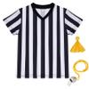 obmwang Kids Referee Shirt Costume, Black and White Stripe V Neck Referee Shirt, Yellow Penalty Flag and Stainless Steel Whistle for Soccer Basketball Football view 1