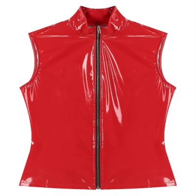 Lorilida Mens Wet Look Faux Leather Zipper Sleeveless Jacket T-Shirts Slim Fit Muscle Tops Waistcoat Red X-Large