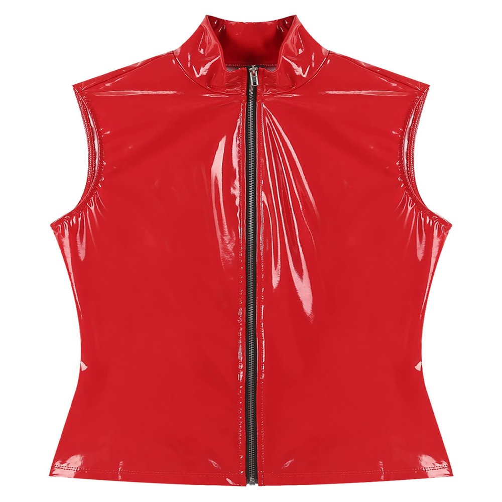 Lorilida Mens Wet Look Faux Leather Zipper Sleeveless Jacket T-Shirts Slim Fit Muscle Tops Waistcoat Red X-Large