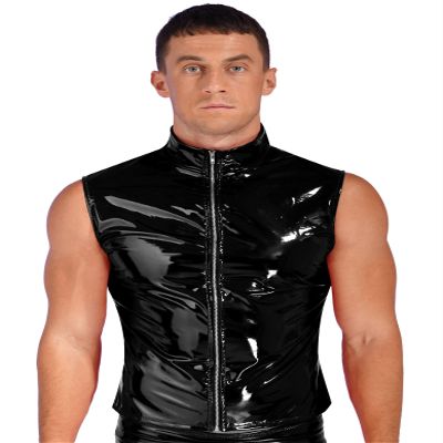 Lorilida Mens Wet Look Faux Leather Zipper Sleeveless Jacket T-Shirts Slim Fit Muscle Tops Waistcoat Black XX-Large
