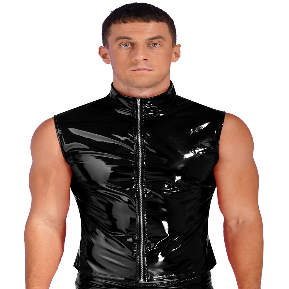 Lorilida Mens Wet Look Faux Leather Zipper Sleeveless Jacket T-Shirts Slim Fit Muscle Tops Waistcoat Black XX-Large
