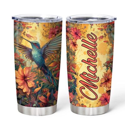 Hyturtle Personalized Gifts For Hummingbird Lover - Hummingbird With Floral Custom Name Stainless Steel Tumbler 20oz With Lid - Idea Animal Lover Gifts For Women Girl Kids On Birthday, Christmas