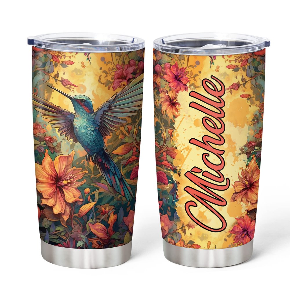 Hyturtle Personalized Gifts For Hummingbird Lover - Hummingbird With Floral Custom Name Stainless Steel Tumbler 20oz With Lid - Idea Animal Lover Gifts For Women Girl Kids On Birthday, Christmas