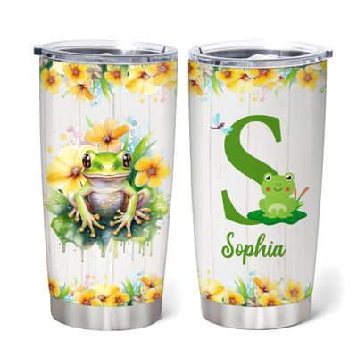 Hyturtle Personalized Gifts For Frog Lover - Frog Sunflower Prints Customized Name Stainless Steel Tumbler 20 oz With Lid - Idea Cute Animals Lover Gifts For Women, Girl, Kids On Birthday, Christmas