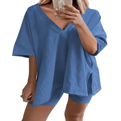 TAQCUX 2 Two Piece Outfits for Women Summer Oversized Workout V Neck T Shirts Biker Shorts Matching Sets(Blue-M)