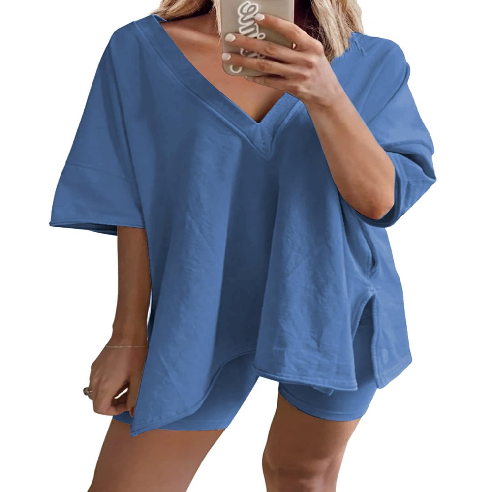 TAQCUX 2 Two Piece Outfits for Women Summer Oversized Workout V Neck T Shirts Biker Shorts Matching Sets(Blue-M)