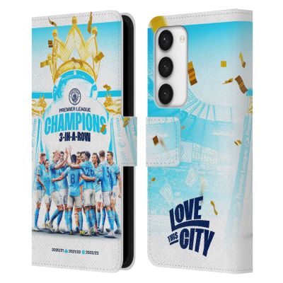 Head Case Designs Officially Licensed Manchester City Man City FC Team Poster 2023 Champions Leather Wallet Case Compatible with Samsung Galaxy S23 5G