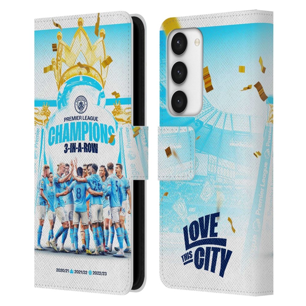 Head Case Designs Officially Licensed Manchester City Man City FC Team Poster 2023 Champions Leather Wallet Case Compatible with Samsung Galaxy S23 5G