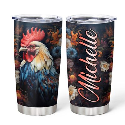 Hyturtle Personalized Gifts For Chicken Lover - Rooster Prints Custom Name Stainless Steel Tumbler 20oz With Lid - Idea Farm Animals Lover Gifts For Women, Girl, Kids On Birthday, Christmas