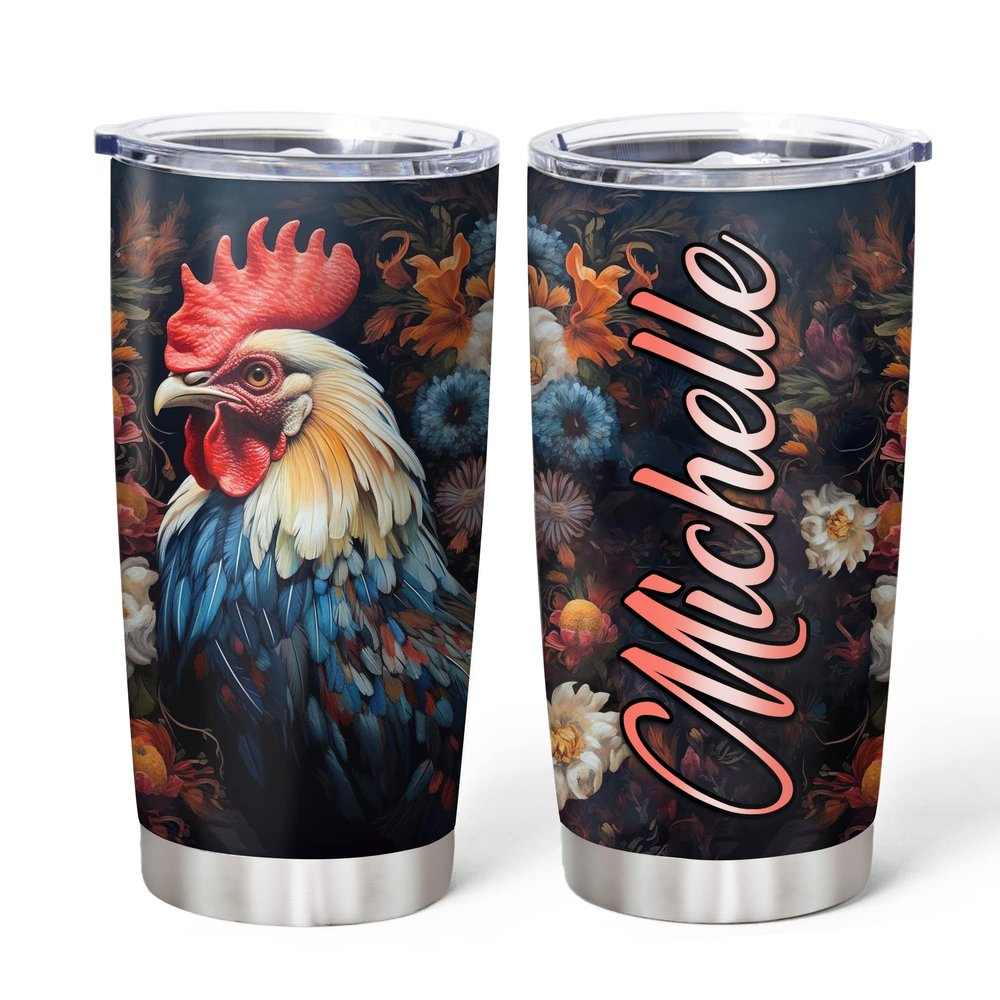 Hyturtle Personalized Gifts For Chicken Lover - Rooster Prints Custom Name Stainless Steel Tumbler 20oz With Lid - Idea Farm Animals Lover Gifts For Women, Girl, Kids On Birthday, Christmas