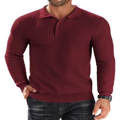 COOFANDY Men's Long Sleeve Polo Shirts Knitted Texture Polo-Collar Sweater Lightweight Casual Pullover Shirts, Wine Red, L