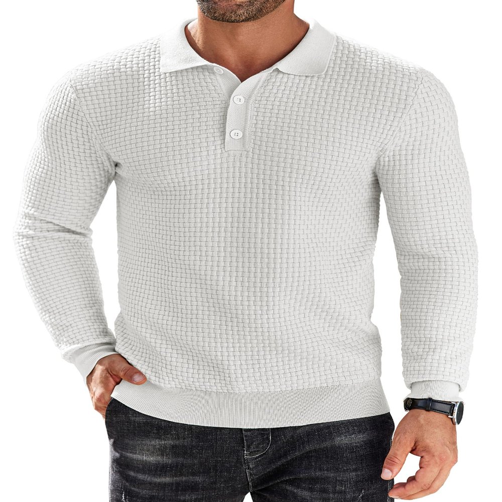 COOFANDY Men's Knit Polo Shirts Long Sleeve Texture Lightweight Golf Shirts Fashion Pullover with Button, White, XXL