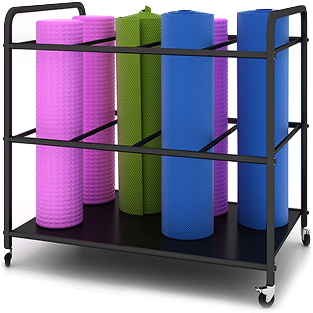 REMYS Yoga Mat Foam Roller Storage Rack Cart, Mobility Metal Organizers for Storing Thick/Thin Gym Mats Exercise Mat, 4 Grid Frame Trolley with Wheels