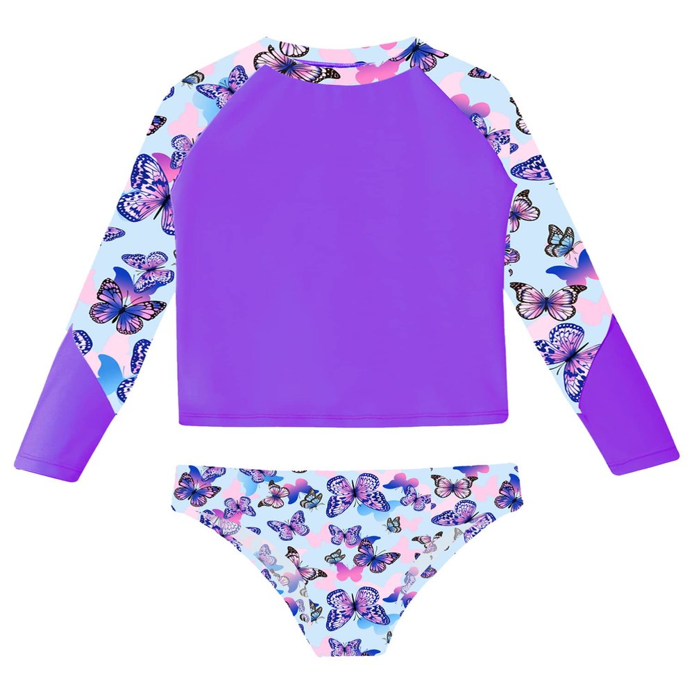 CHICTRY Girls 2 Pcs Floral Rash Guard Sets Long Sleeve Crop Top with Brief Beach Sunsuit Swiwmear S-Purple 10