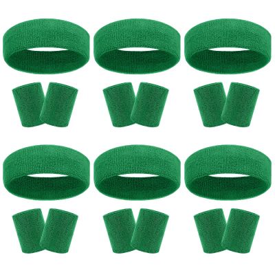 18 Pcs Sweatbands Headband Wristband Set Colorful Striped Terry Cloth Sports Athletic Gym 80s Sweat Headbands Wrist Bands (Dark Green)
