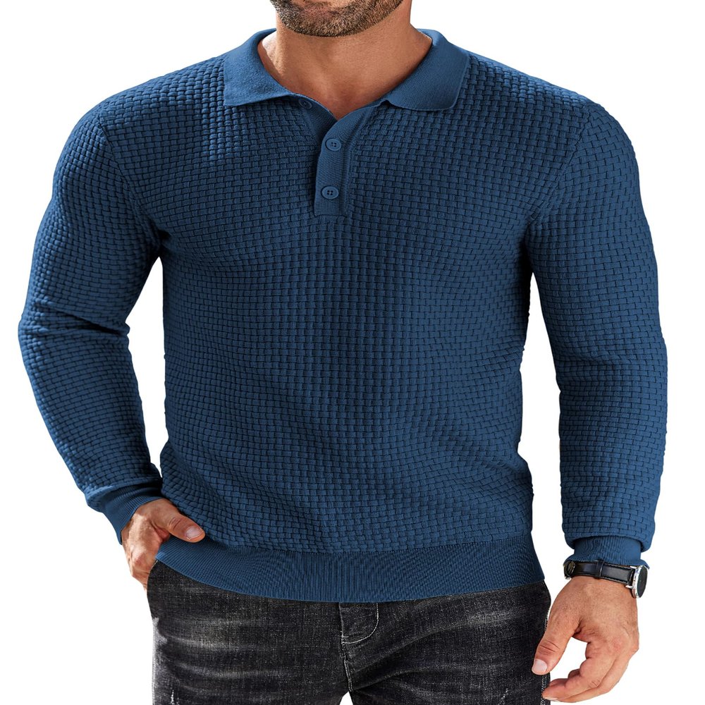 COOFANDY Men's Long Sleeve Sweater Polo Fashion Knit Polo T Shirts Collared Button-Up Pullover Shirts, Drak Blue, L