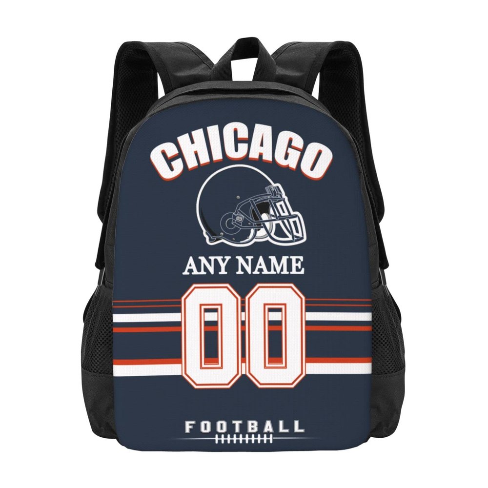 Chicago Backpack Custom Football Sport Backpacks, Customized Personalized Name And Number Backpack Travel Bag Gifts For Fans Men Women 17in