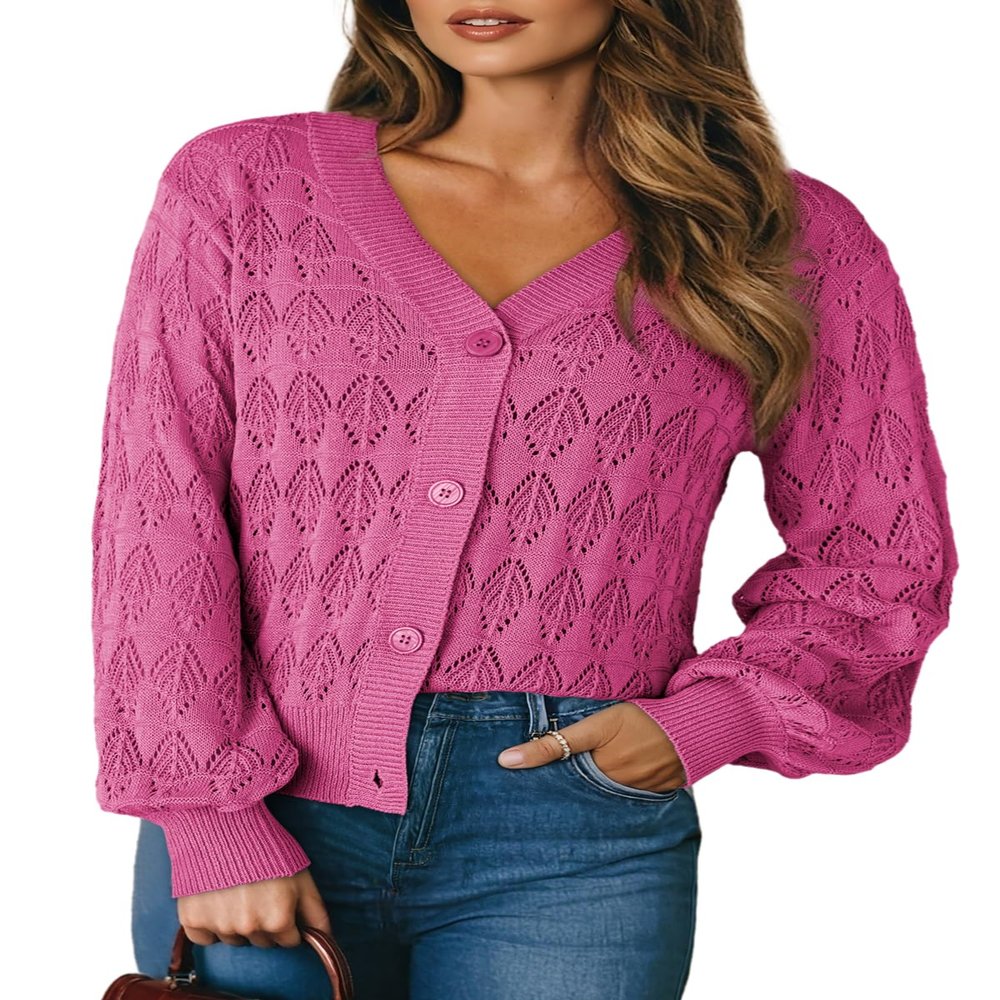 Dokotoo Women's Cardigans Sexy V Neck Fall Sweaters for Women 2025 Cardigans Hot Pink Sweaters Long Sleeve Tops Open Front Stylish Hot Pink Button Down Shirts XX-Large