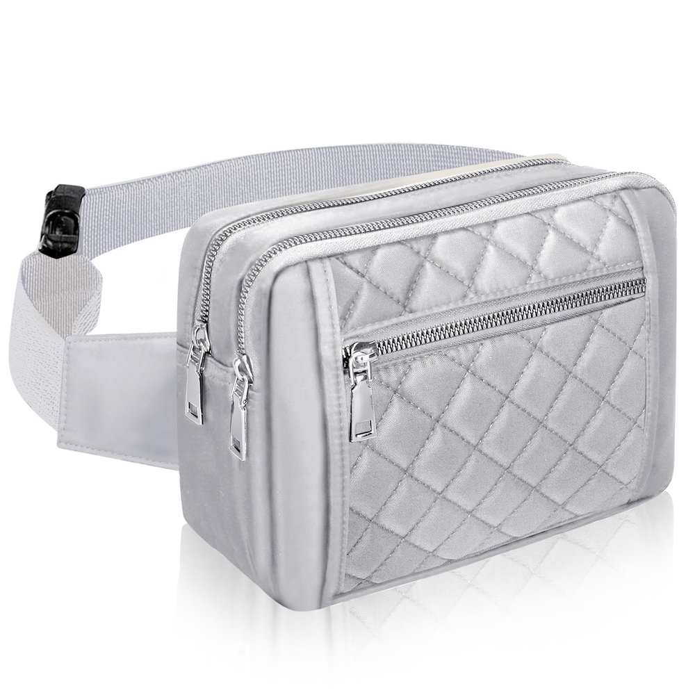 Cute Large Fanny Packs for Women Men Cross Body Nylon Waist Bag Grey Fashion Designer Fanny Pack for Exercise Travel Gym Workout Running Bum Bag Gray Hiking Quilted Fanny Pack