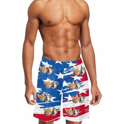 Custom Men's Swim Trunks with Face Photo, Personalized American Flag Print Beach Board Shorts Quick Dry Surfing Swimwear Dog Face Customized Gifts for Dad Husband BF Birthday